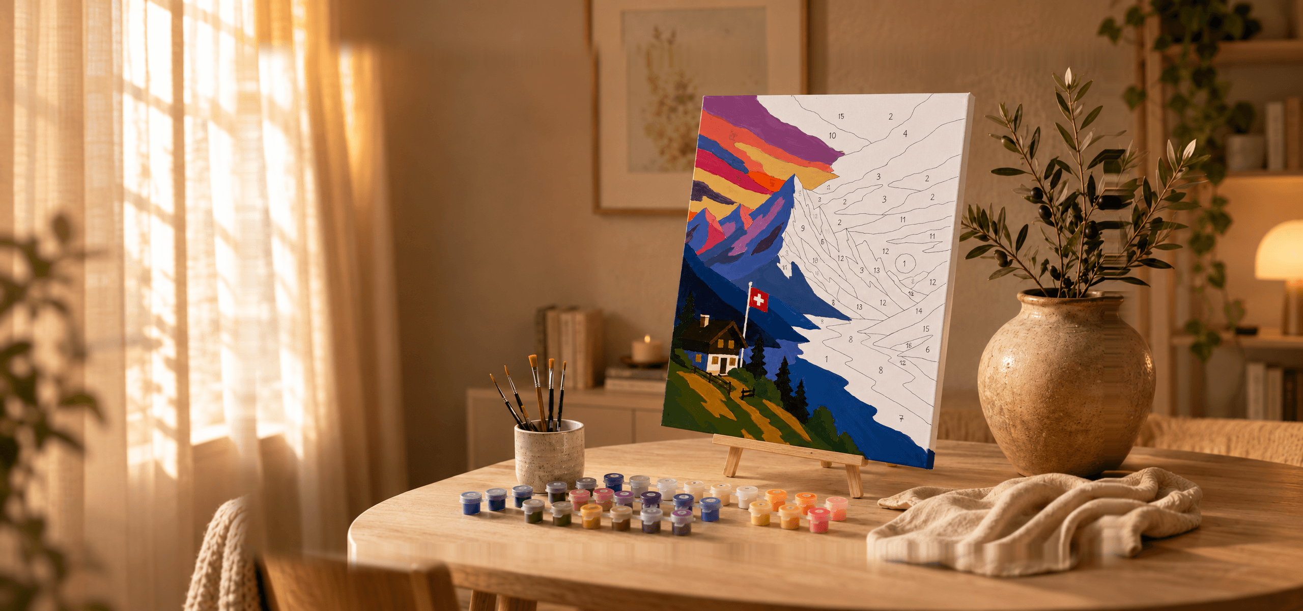 Teilweise ausgemaltes Malen-nach-Zahlen-Bild mit Schweizer Berglandschaft auf einer Staffelei, umgeben von Farben und Pinseln